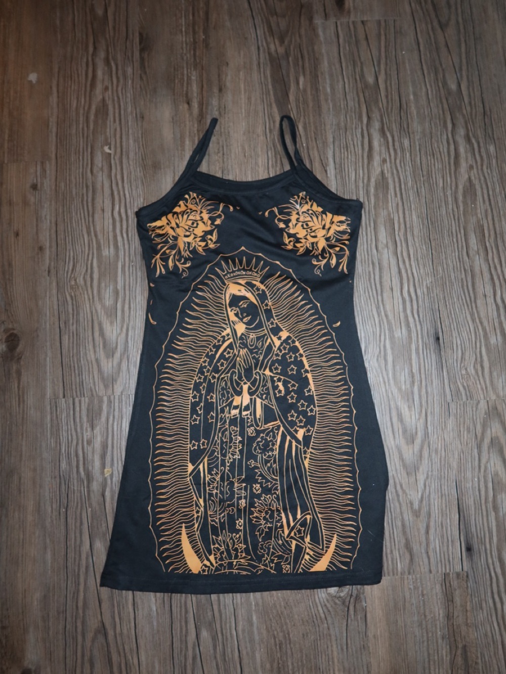 Black Dress with Gold Mary Euphoria Religious Graphic